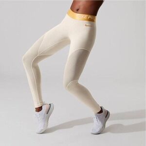 Nike Pro Dri-FIT Womens Leggings Cream Gold Metallic Waistband Mesh Panels Small